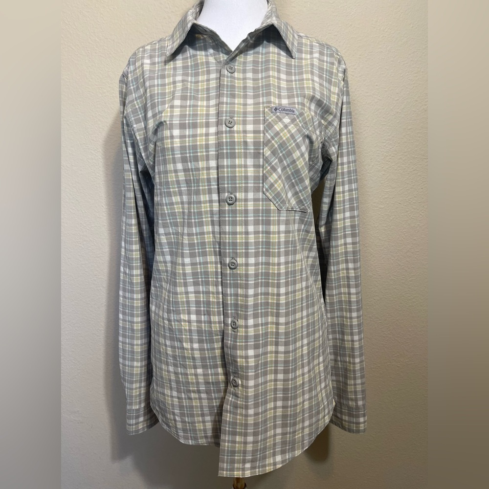 Columbia Light Gray Yellow Blue PFG Plaid Button Down Shirt